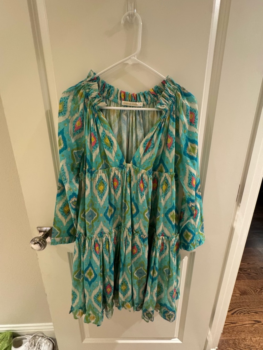 Tiered V-Neck Mini Dress in Teal Ikat
